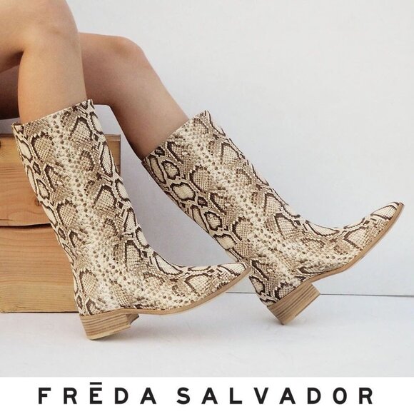 FREDA SALVADOR Julia Mid Calf BOOTS 6 36 Vanilla Snake Embossed LEATHER NEW $625 - Picture 1 of 10